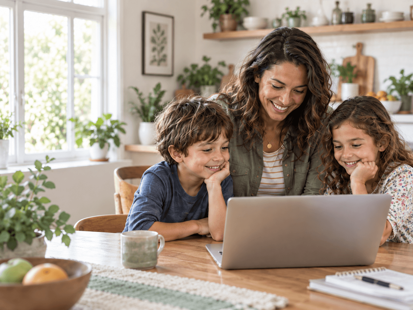 A mother and two children reviewing a plan together